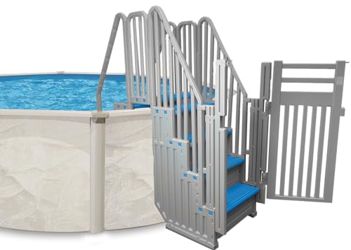Confer Entry System for Above Ground Pools | White Frame with Blue Steps | All Resin Bridge System with Handrails and Gate