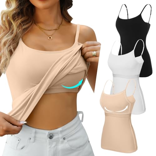 V FOR CITY Camisole for Women Built-in Shelf Bra Adjustable Spaghetti Strap Tank Summer Cotton Cami Shirts 3 Pack Black/Apricot/White M