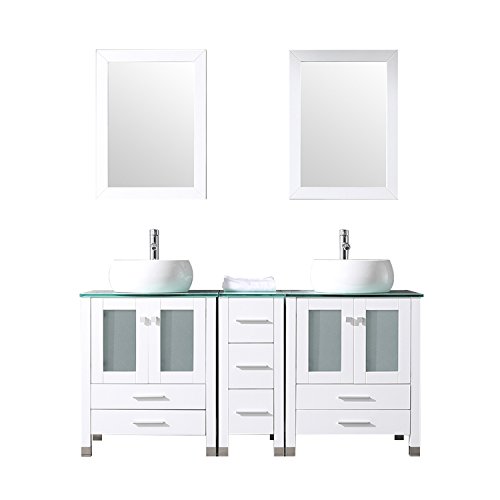 wonline 60" White Double Wood Bathroom Vanity Cabinet and Round Ceramic Sink w/Mirror Combo Wash Basin with Faucet (Round)