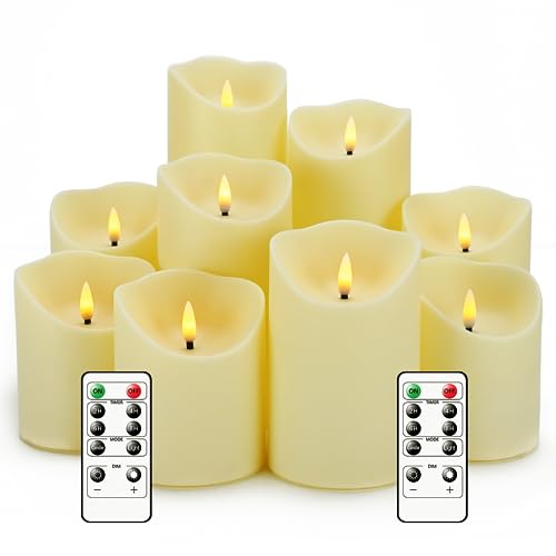 Nimiko Flameless Candles with Remote, Battery Operated Flickering Flameless Candles, LED Candles with Timer 2/4/6/8H, with Realistic LED Candles Set of 9 (D3 x H 3" 4" 5" 6" 7") (Ivory)