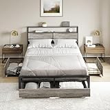 HAUSOURCE Queen Bed Frame with Storage Headboard and 4 Drawers LED Lights Metal Platform with Non-Slip Surface, Noise-Free Sturdy Metal Slat Support, No Box Spring Needed,Greige