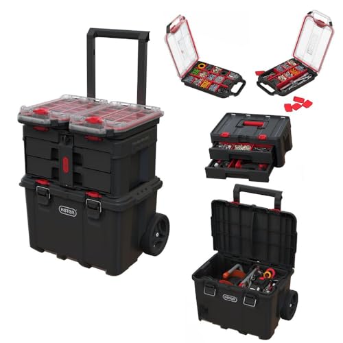 Keter Stack-n-Roll Modular Tools Organizer for Garage Storage and DIY, 4 Piece Resin Rolling Tool Box System for Small Parts, Black