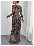 BEAUDRM Women's Y2k Leopard Print Fitted Mesh Sheer Bodycon Dress Cheetah Long Sleeve Crew Neck Maxi Dress Brown Large