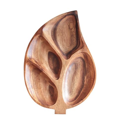 PALPLUS Premium Acacia Wood Leaf-Shaped 4-Compartment Serving Tray Plate – Natural Wooden Divided Platter for Snacks, Appetizers, Fruits & Desserts