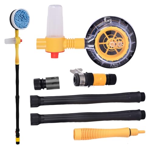 Rotating Car Wash Brush with Soap Dispenser & Hose Attachment Soft Bristle Car Spin Mop Washing Scrub Brush with Long Handle Water Flow Through High Pressure Car Cleaning Brush Kit Car Wash Hose