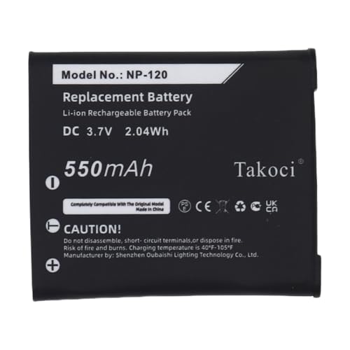 3.7V 550mAh Replacement NP-120, NP-120DBA Battery Compatible with Ca'sio Exilim EX-EX-S200BK,EX-S200,EX-S200BE,EX-S200BK, EX-S200EO, EX-S200PK,EX-S200SR, EX-ZS10, EX-ZS10BE, EX-ZS10PK