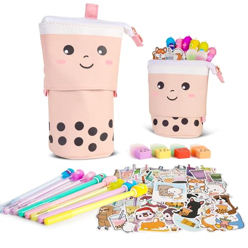 Primo Lines Kawaii Pencil Case and Complete 61 PCS Pink Stationary Set with Pop Up Cute Boba Case, 8 Pens, 50 Bubble Tea Stickers, Multi Color Pen For School Supplies