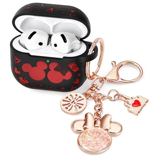 (with Cute Keychain) Girovo Compatible with Apple Airpods 4 Case 2024 Women, Soft Silicone Two-Tone Funny Cartoon Engraved Portable 360° Full Protection Anti-Scratch Air pod 4 Case Black/Red