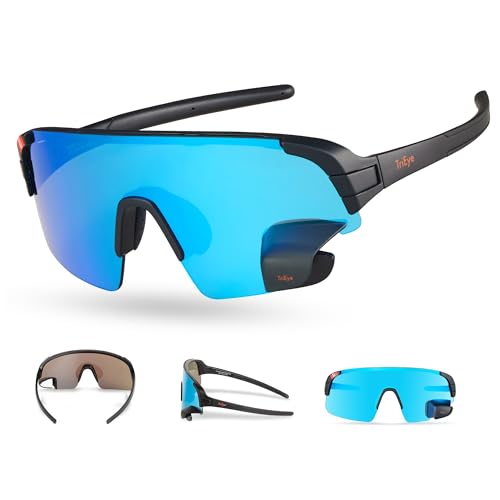 TriEye Cycling Glasses - Cycling Glasses with Rear-view Mirror - Cycling Sunglasses for Men & Women - Sports Sunglasses Cycling Goggles UV-400 - Durable Bicycle Glasses (Revo Blue)