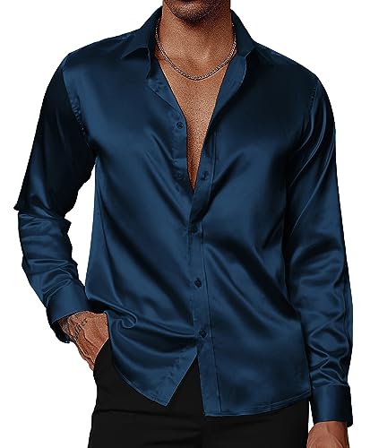 PJ PAUL JONES Mens Navy Blue Dress Shirt Satin Silk Like Long Sleeve Party Shirts Wedding Prom Tops Clothing M