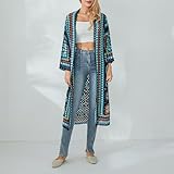 Women Vintage Crochet Granny Square Cardigan Jumper Long Sleeve Open Front Floral Knit Sweater Knitwear Long Cardigan (Blue, One Size)