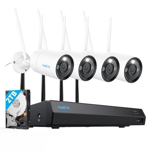 REOLINK 4K Security Camera System, 4pcs Outdoor 4K/8MP Plug-in WiFi 6 Cameras, Full Metal Material, Color Night Vision, Person/Vehicle/Animal Detection, 16CH WiFi NVR with 2TB HDD, RLK12-800WB4