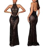 PORRCEY Sexy Women Sparkly Sequins Halter Mesh See Through Maxi Dress Party Club Evening Dress(Y9870,Black,M)