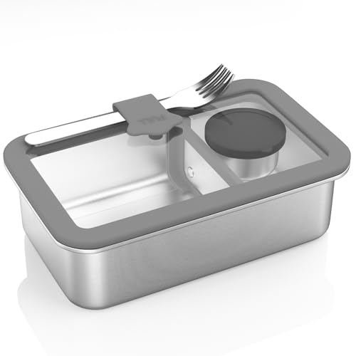 Stainless Steel Bento Box for Adult, 42oz Leak-Proof Lunch Box Containers with Adjustable Divider, Microwave-Safe, Metal Lunchbox with Glass Lid for Work Travel, Silver