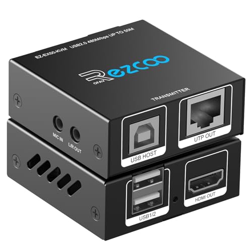 KVM Extender USB HDMI to RJ45 Over Cat5e/6/7 1080P@60Hz up to 150ft/50M, HDMI Over Ethernet Transmitter Receiver Support Keyboard Mouse 2 Ports USB2.0 Hub POE Stereo Audio and Microphone
