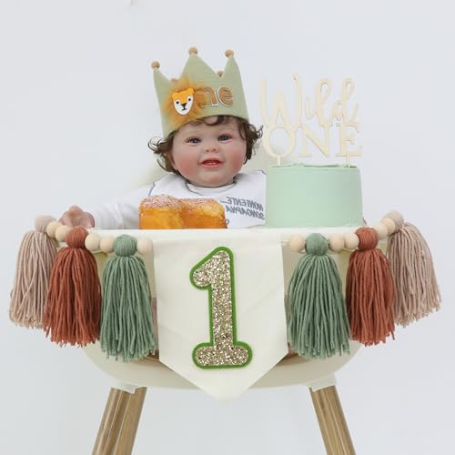 Wild One 1st Highchair Wood Bead Tassel Garland Lion Crown Hat Wooden Cake Topper Birthday Party Decorations