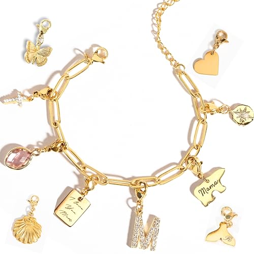 Personalized Engraved Gold Charm Bracelet for Mom, Gifts for Women, Gift for Grandma, Unique Birthdays Teen Girls, Anniversaries, Graduation, Handmade Jewelry for Her - P-CHARM-MIX-BR