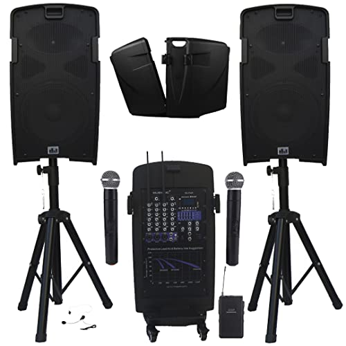 MUSYSIC Portable PA System with Microphone and Speakers – 5 Ch Audio Mixer Built-in 2000W Amp & Wireless UHF Microphone System,USB/SD Card/Bluetooth/FM/RCA Complete w/Stands - 10" Speaker