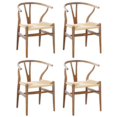 VODUR Wishbone Chair Natural Solid Wood Dining Chair/Hans Vegner Y Chair Rattan and Wood Accent Armrest Chairs Set of 4(Ash Wood - Walnut)