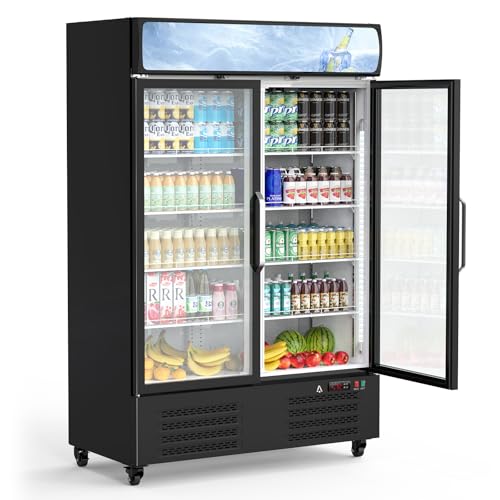 GarveeTech Commercial Refrigerator, Glass Door with LED Lighting - Upright Beverage Display Cooler for Home, Store, Gym, or Office, Featuring Double Swing Doors and 36.3 cu.ft