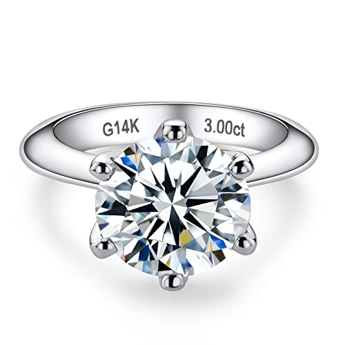 CADYNO Moissanite Engagement Ring 3ct D Color Lab Grown Created Diamond 14k Solid Real White Gold Eternity Wedding Solitaire Ring for Women 6