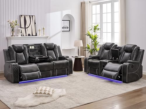 Power Recliner Sofa Set with Bass Speaker for Living Room,Faux Leather 3 Seater Reclining Sofa and Loveseat Seating Couch w/ Wireless Charger,Reading Light,LED Lights,Home Theater Love seat Sets, Grey