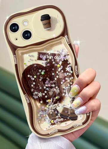 Toycamp for iPhone 13 Case 6.1 Inch - Women Girls Cute Cover Coffee with Sliding Camera Cover Girly Glitter Teens Pretty Cartoon Fashion Design Flowing Liquid Quicksand Phone Case for iPhone 13