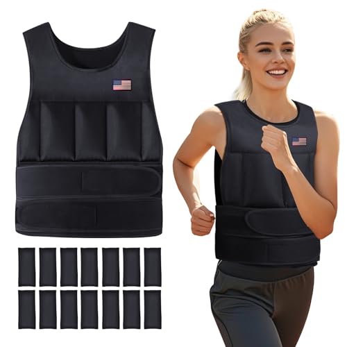 Wolliwa Adjustable Weighted Vest for Men Women,2-20 Lbs Adjustable Weights Weighted Vest with Straps Running Weight Vest Walking Strength Training Fitness,Black,14 PCS Sandbags,Each 1.27 Lbs