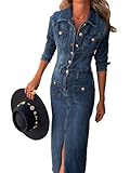 Conshvi Denim Dress for Women Trendy Long Sleeve Button Down Denim Maxi Dress 2024 Fall Bodycon Slit Long Jean Dresses, Blue, X-Large