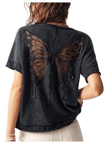 Milumia Women's Vintage Butterfly Sheer T-Shirt Short Sleeve Cut Out Back Loose Tee Tops Black Large