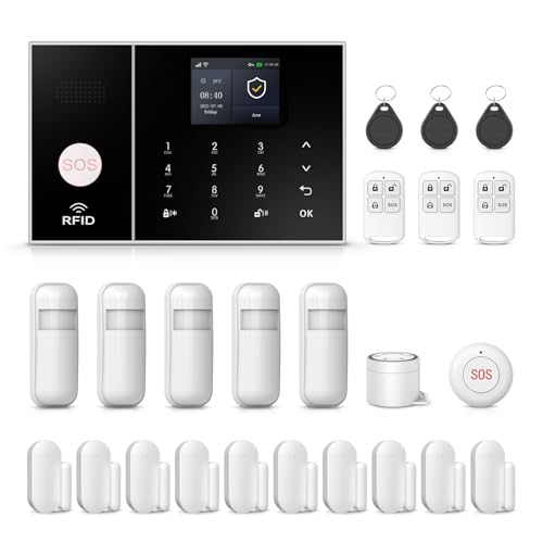 PGST WiFi Alarm Security System for Home,App Alerts Push,Support 4G Phone Calling,Door Window Sensor,PIR Motion Detector,Remote,Work with Google Assistance for House Security(24 Piece Kits)