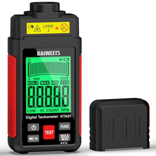 KAIWEETS Non Contact RPM Tachometer with Reflection Tape, 10-99999 RPM High Accuracy Laser Digital Tachometer with Large LCD, RPM Meter with Backlight, Data Hold, and Max/Min/AVG Function