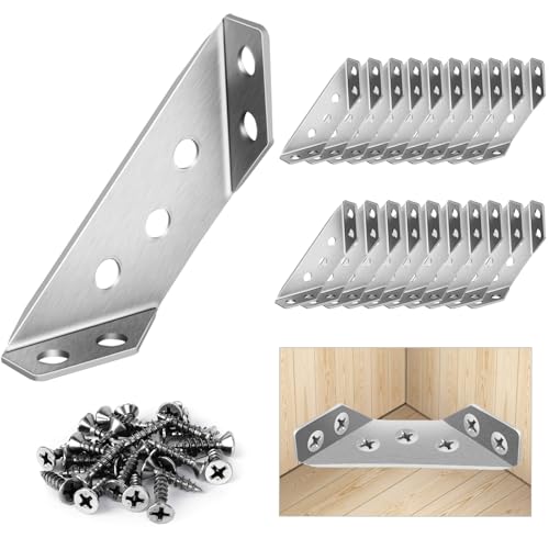 20Pcs Universal Stainless Steel Furniture Corner Connector, Angle Corner Bracket with Screws, Corner Braces, Corner Connectors for Shelves Wood Furniture Cabinets (20 Pcs)
