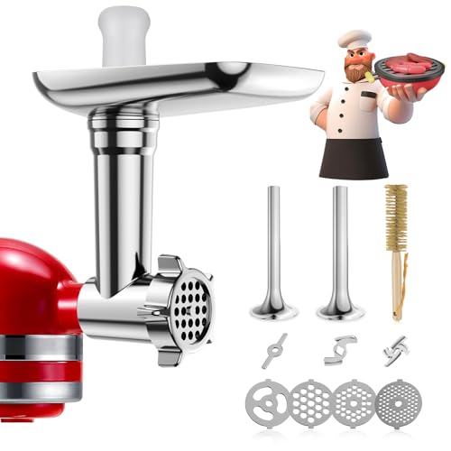 Metal Food Grinder Attachments for KitchenAid Stand Mixers, Meat Grinder, Sausage Stuffer, Perfect Mixer Attachment for KitchenAid Mixers, 15pcs Meat Grinder Accessories Set, Silver