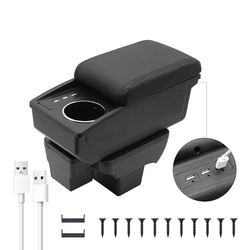 YJYWZH Car Armrest Storage Box for Volkswagen VW Polo 2022 Center Console Organizer with Double Layer, 6 USB Ports and Cup Holder (Black Thread)