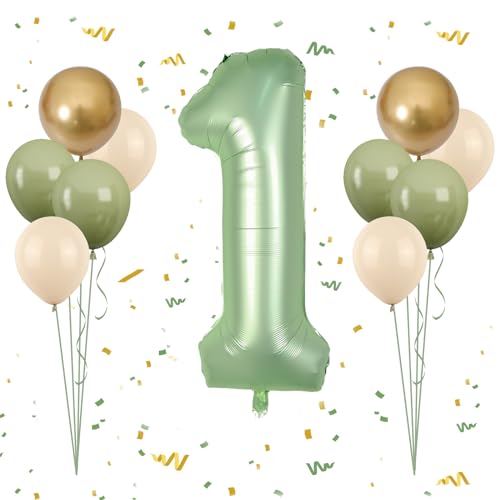40 Inch Sage Green Number 1 Balloon, Olive Green 1st Birthday Balloons, Retro Sand White Avocado Green Gold Latex Balloons 1 Foil Balloon for Boy Girl Baby Shower 1st Birthday Jungle Party Decorations