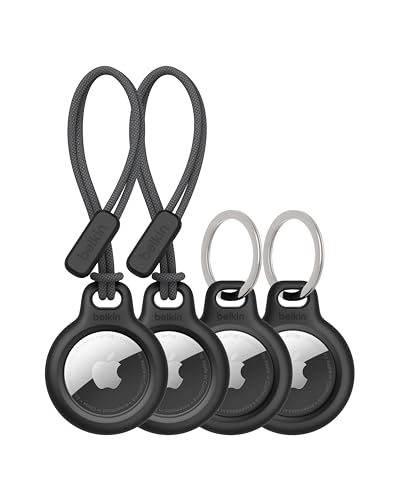 Belkin Apple AirTag Secure Holder w/Key Ring + Strap - Scratch-Resistant Case with Open Face & Raised Edges - Protective AirTag Keychain Accessory for Keys, Pets, Luggage, & More - Black (4-Pack)
