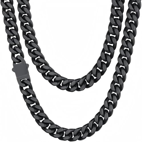 Mens Cuban Link Chain, Black Miami Cuban Chain Necklace for Men, 9mm Wide Hip Hop Mens Jewelry, 22"