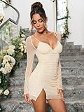 HTZMO Women Sexy Long Sleeve Mini Dress V Neck Bodycon Ruched Club Party Going Out Dresses Beige S