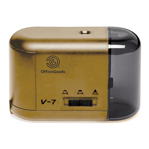 OfficeGoods Electric Pencil Sharpener - Battery or Cord Powered Portable Sharpener - Perfectly Sharpens Colored Pencils, Drafting Pencils for Kids, Adults, Office, School and Home - Gold