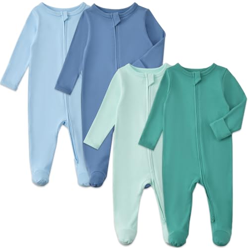 Aablexema Baby Footed Pajamas with Mitten Cuffs Zipper 4-Pack Infant Newborn Cotton Long Sleeve Outfit(Green/Blue Set,Newborn)