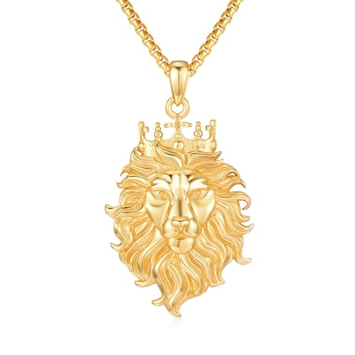 COZBUTY Gold Lion Necklace For Men Lion Necklace Men Women Lion Pendant For Men 3D Crown Lion Head Animal Necklaces Lion Charm Necklace Lion Jewelry Gifts For Men Women