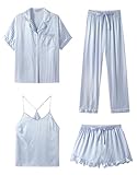 SAPJON Silk Pajamas for Women Set 4Pcs Ruffled Satin Pajamas Set Button Down Short Sleeve Cami Shorts Sleepwear Pj Set