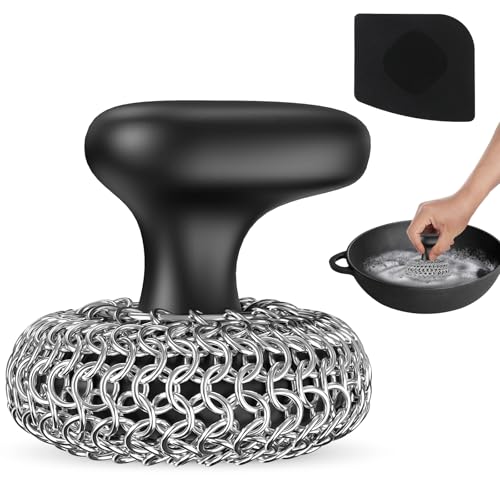 Purgreat Cast Iron Scrubber | Dish Scrub Brush | 316 Cast Iron Cleaner Chainmail Scrubber for Cast Iron Pan Skillet Cleaner - Dish Scouring Pad Dishwasher Safe Cleaning Kit, Black 02