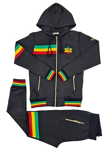 Time Is Money Men's Urban Designer Rasta Lion Tracksuit, Black, Red, White, Olive with Gold Zip (US, Alpha, X-Large, Regular, Regular, Black)