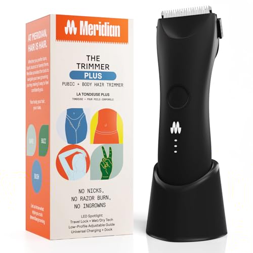 MERIDIAN Trimmer Plus - Body & Bikini Hair Manscaping Trimmer, Adjustable Guard, USB-C Charging, Flash Light, Travel Lock, Onyx