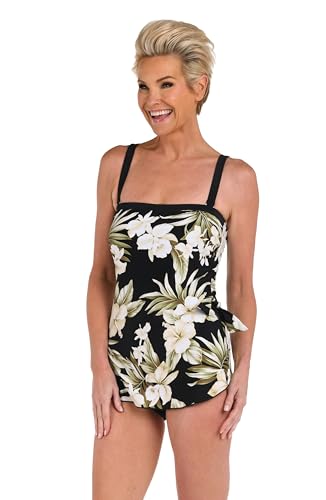 Maxine of Hollywood Women's Standard Bandeau Sarong One Piece Swimsuit, Black//Island Greenery