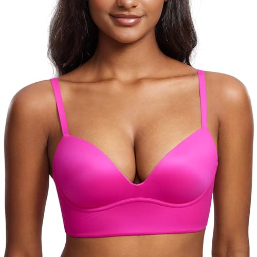 DOBREVA Women's Push Up Wireless Bra Padded T Shirt Bras No Underwire Plunge Bralette Glitter Pink 38DD