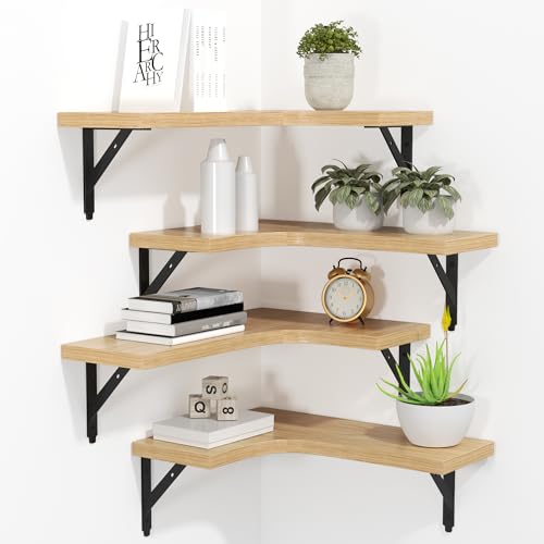 ROMGUAR CRAFT Corner Floating Shelves Wall Mounted Set of 4, Rustic Wood Storage Display Wall Shelves for Home Decor, Bathroom, Kitchen, Bedroom, Living Room, Office (Natural)