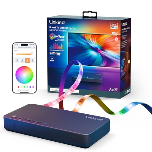 Linkind TV Backlight Sync to Screen, HDMI Sync Box with AI LumiSync Technology, Supports 4K@60Hz, Cuttable LED Backlights Sync to Screen for 27-90 inch TVs, Real-time Syncing with Other Aidot Lights